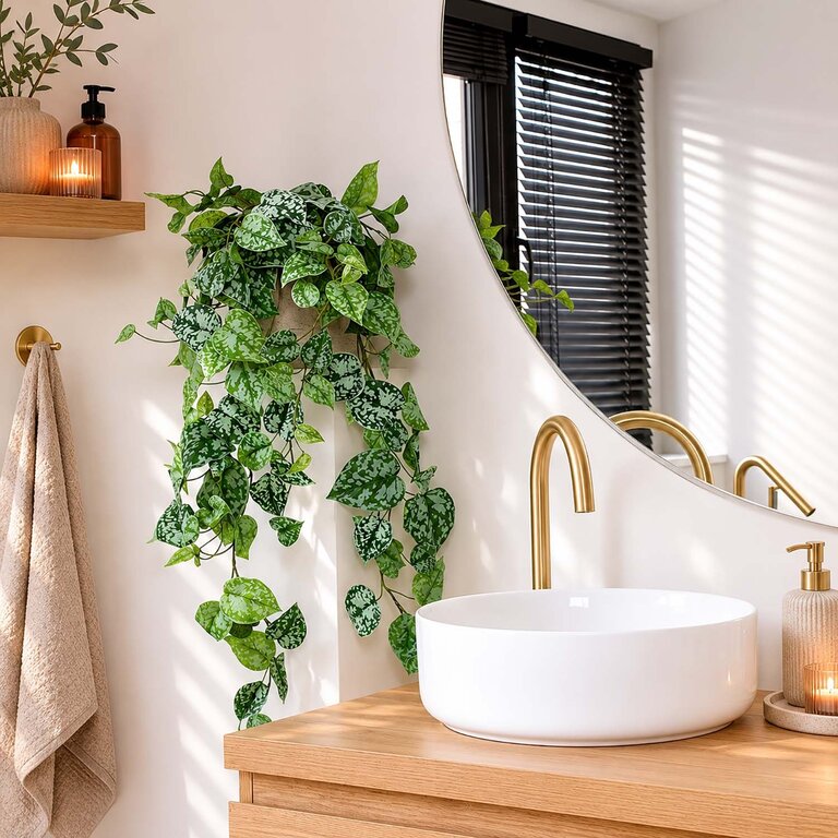Kunstplant hangend Scindapsus met groene bladeren is een hangplant met een natuurgetrouwe uitstraling en een lengte van 90 cm.