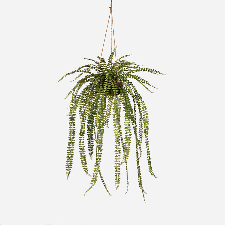 Kunstplant hangend Varen met groene bladeren is een hangplant op ijzeren standaard met een natuurgetrouwe uitstraling en een lengte van 95 cm.