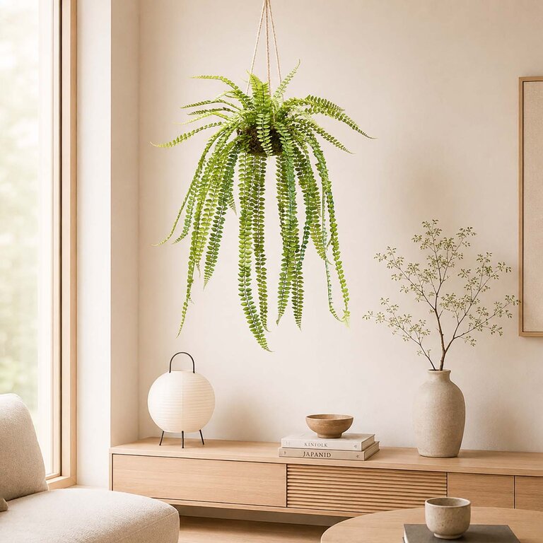 Kunstplant hangend Varen met groene bladeren is een hangplant op ijzeren standaard met een natuurgetrouwe uitstraling en een lengte van 95 cm.