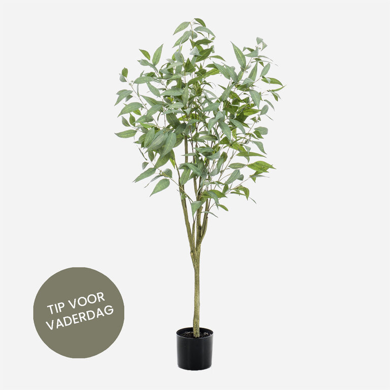 Kunstplant Eucalyptus met groene bladeren is een grote kunstplant in binnenpot met een natuurgetrouwe uitstraling en een hoogte van 150 cm.