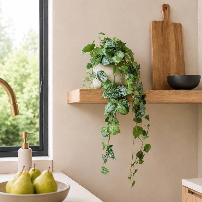 Kunstplant hangend Scindapsus met groene bladeren is een hangplant met een natuurgetrouwe uitstraling en een lengte van 90 cm.