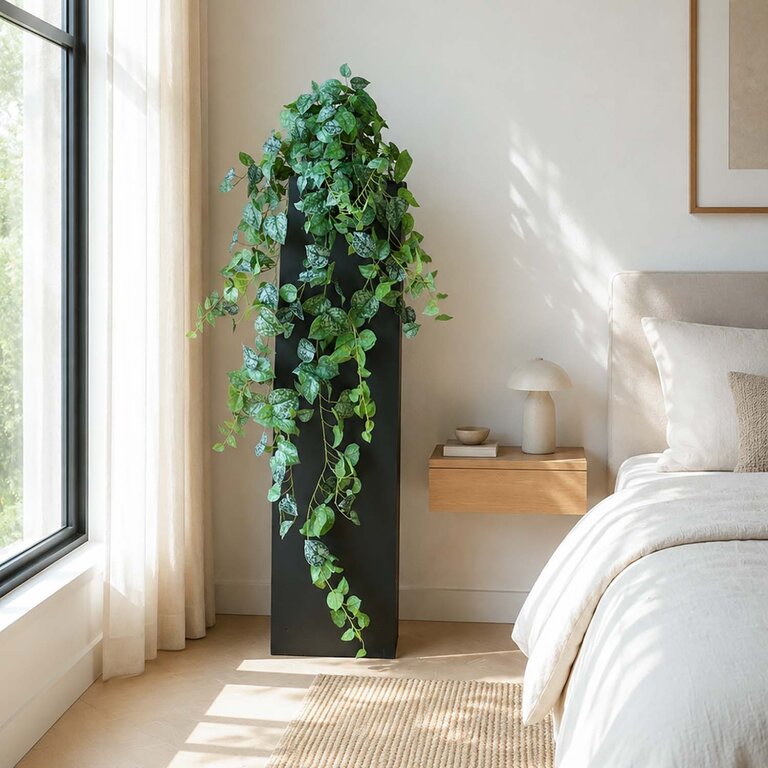 Kunstplant hangend Scindapsus met groene bladeren is een hangplant met een natuurgetrouwe uitstraling en een lengte van 180 cm.