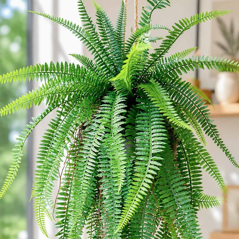 Kunstplant hangend Varen met groene bladeren is een hangplant op een kluit kunstaarde met een natuurgetrouwe uitstraling en een lengte van 70 cm.