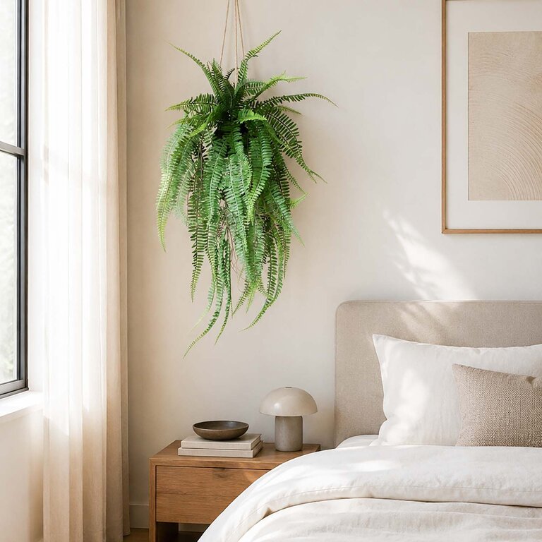 Kunstplant hangend Varen met groene bladeren is een hangplant op een kluit kunstaarde met een natuurgetrouwe uitstraling en een lengte van 70 cm.
