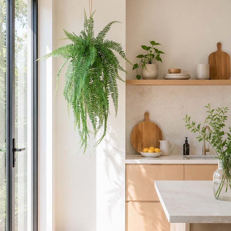 Kunstplant hangend Varen met groene bladeren is een hangplant op een kluit kunstaarde met een natuurgetrouwe uitstraling en een lengte van 70 cm.