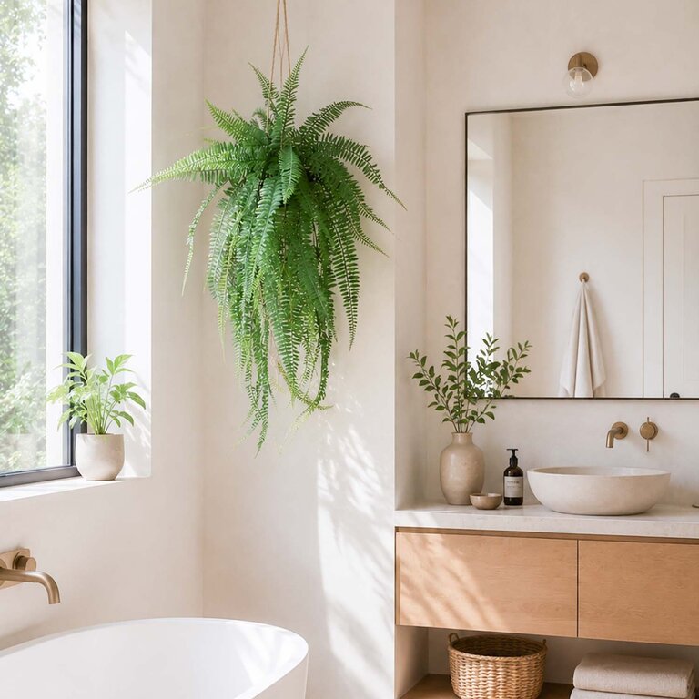 Kunstplant hangend Varen met groene bladeren is een hangplant op een kluit kunstaarde met een natuurgetrouwe uitstraling en een lengte van 70 cm.