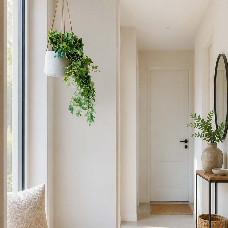 Kunstplant hangend Klimop met groenwitte bladeren is een hangplant met een natuurgetrouwe uitstraling en een lengte van 70 cm.