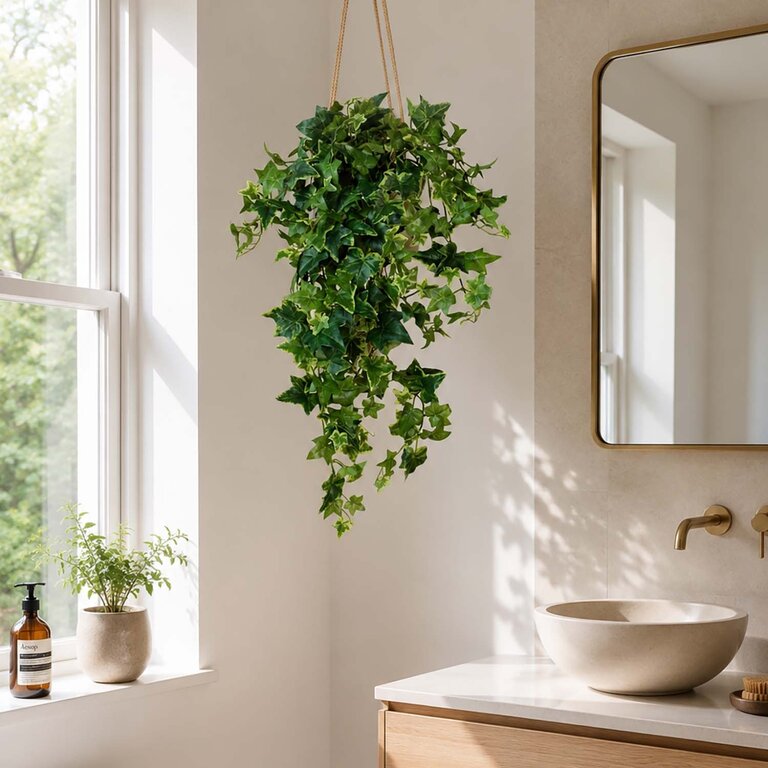 Kunstplant hangend Klimop met groenwitte bladeren is een hangplant met een natuurgetrouwe uitstraling en een lengte van 70 cm.