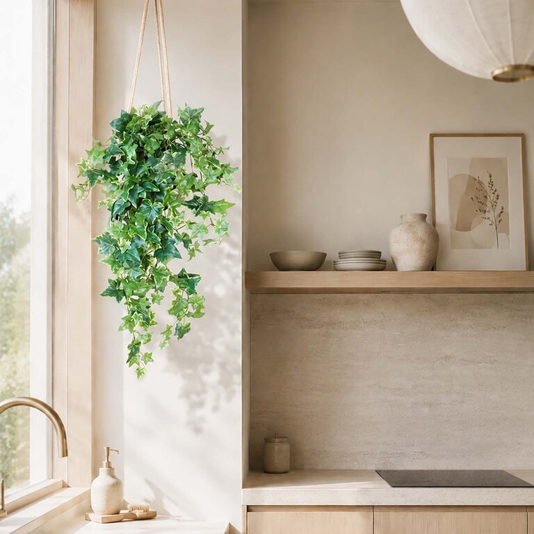 Kunstplant hangend Klimop met groenwitte bladeren is een hangplant met een natuurgetrouwe uitstraling en een lengte van 70 cm.