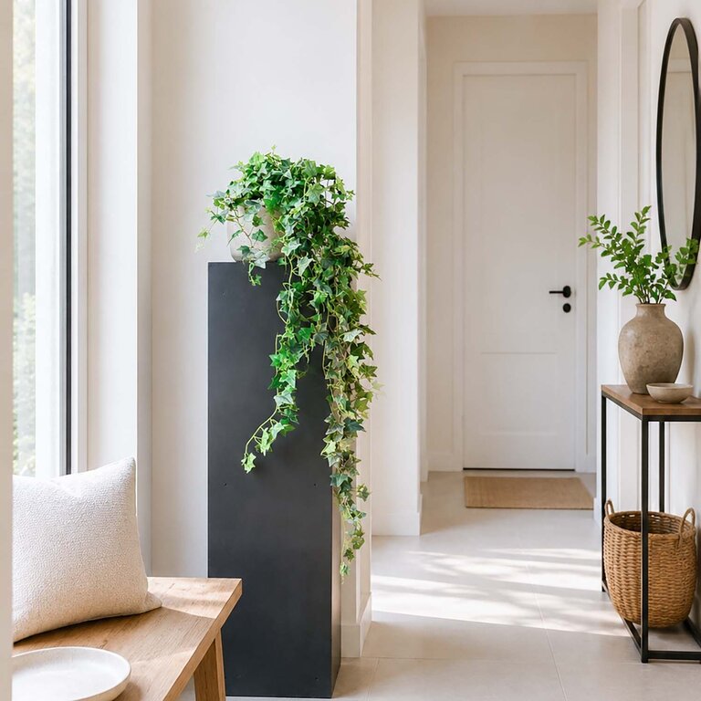 Kunstplant hangend Klimop met groenwitte bladeren is een hangplant met een natuurgetrouwe uitstraling en een lengte van 90 cm.