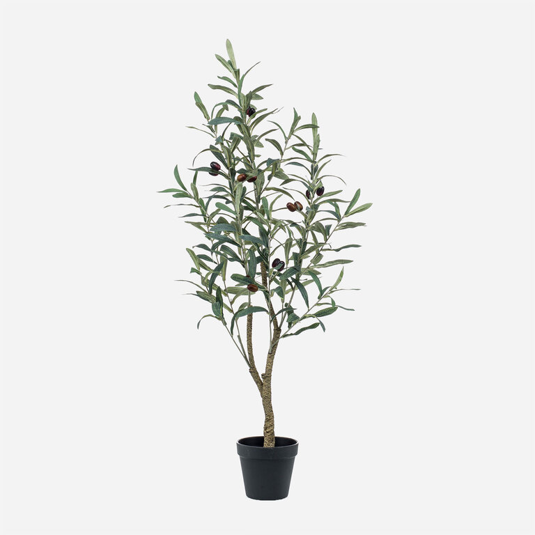 Kunstplant Olijfboom met groene bladeren en olijven is een middelgrote kunstplant in binnenpot met een natuurgetrouwe uitstraling en een hoogte van 90 cm.
