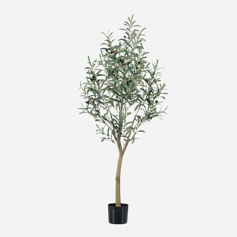 Kunstplant Olijfboom met groene bladeren en olijven is een grote kunstplant in binnenpot met een natuurgetrouwe uitstraling en een hoogte van 140 cm.