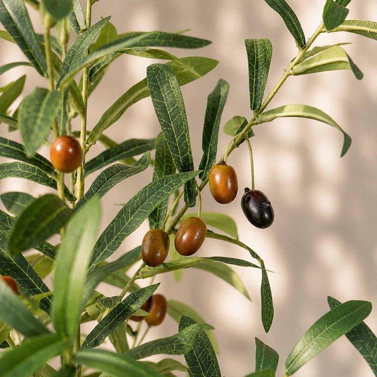 Kunstplant Olijfboom met groene bladeren en olijven is een grote kunstplant in binnenpot met een natuurgetrouwe uitstraling en een hoogte van 140 cm.
