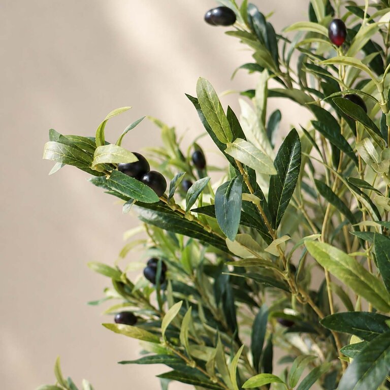 Kunstplant Olijfboom met groene bladeren en olijven is een grote kunstplant in binnenpot met een natuurgetrouwe uitstraling en een hoogte van 180 cm.