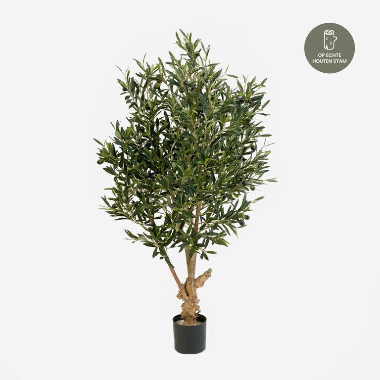 Kunstplant Olijfboom met groene bladeren en olijven is een grote kunstplant in binnenpot met een natuurgetrouwe uitstraling en een hoogte van 120 cm.
