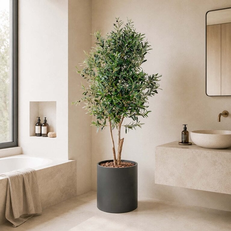 Kunstplant Olijfboom met groene bladeren en olijven is een grote kunstplant in binnenpot met een natuurgetrouwe uitstraling en een hoogte van 180 cm.