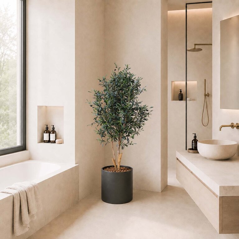 Kunstplant Olijfboom met groene bladeren en olijven is een grote kunstplant in binnenpot met een natuurgetrouwe uitstraling en een hoogte van 150 cm.
