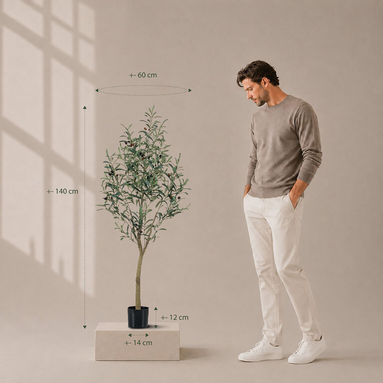 Kunstplant Olijfboom met groene bladeren en olijven is een grote kunstplant in binnenpot met een natuurgetrouwe uitstraling en een hoogte van 140 cm.