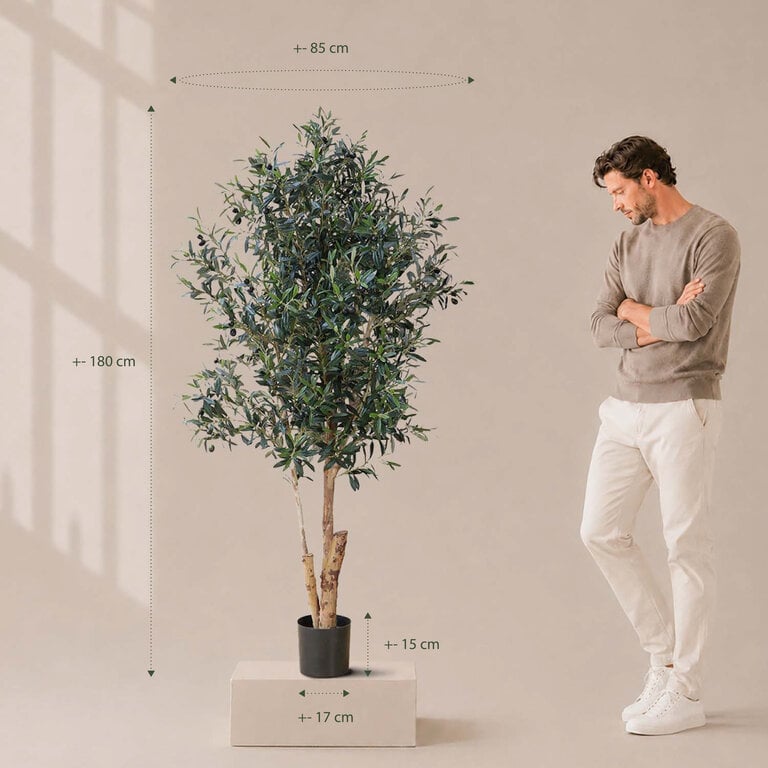 Kunstplant Olijfboom met groene bladeren en olijven is een grote kunstplant in binnenpot met een natuurgetrouwe uitstraling en een hoogte van 180 cm.