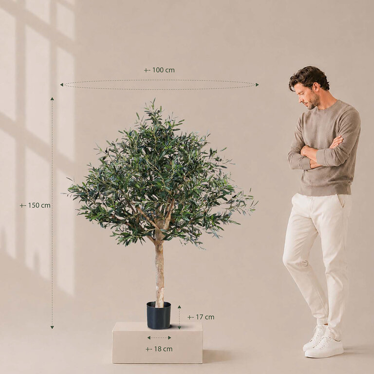 Kunstplant Olijfboom met groene bladeren en olijven is een grote kunstplant in binnenpot met een natuurgetrouwe uitstraling en een hoogte van 150 cm.