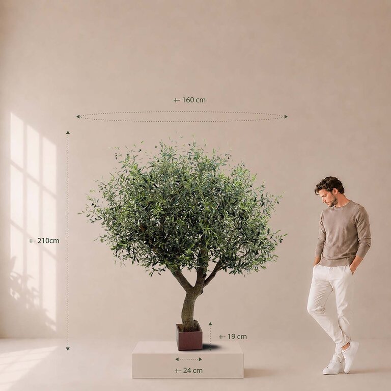 Kunstplant Olijfboom met groene bladeren en olijven is een grote kunstplant in binnenpot met een natuurgetrouwe uitstraling en een hoogte van 210 cm.