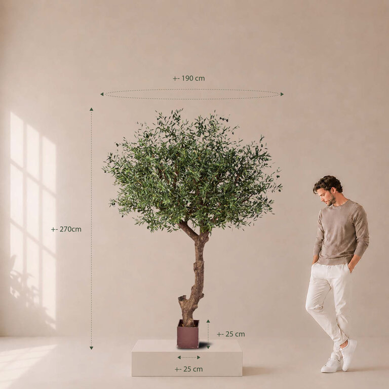 Kunstplant Olijfboom met groene bladeren en olijven is een grote kunstplant in binnenpot met een natuurgetrouwe uitstraling en een hoogte van 270 cm.