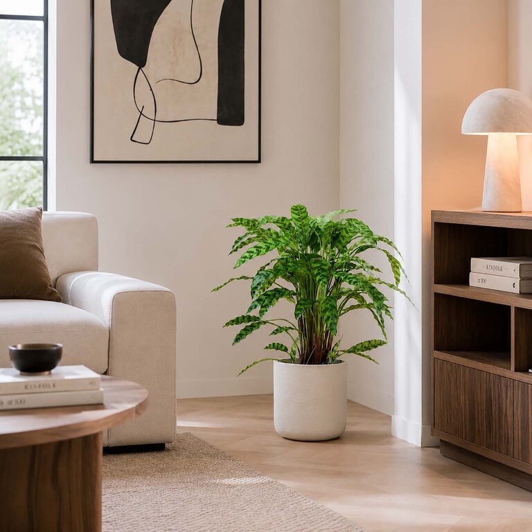 Kunstplant Calathea Insigne met groene bladeren is een middelgrote kunstplant in binnenpot met een natuurgetrouwe uitstraling en een hoogte van 84 cm.