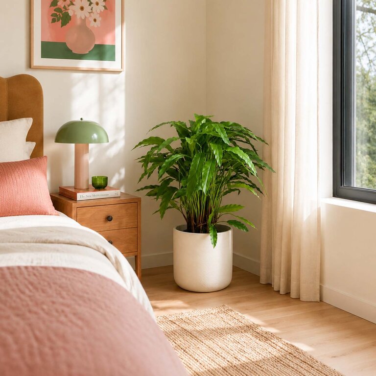 Kunstplant Calathea met groene bladeren is een middelgrote kunstplant in binnenpot met een natuurgetrouwe uitstraling en een hoogte van 86 cm.