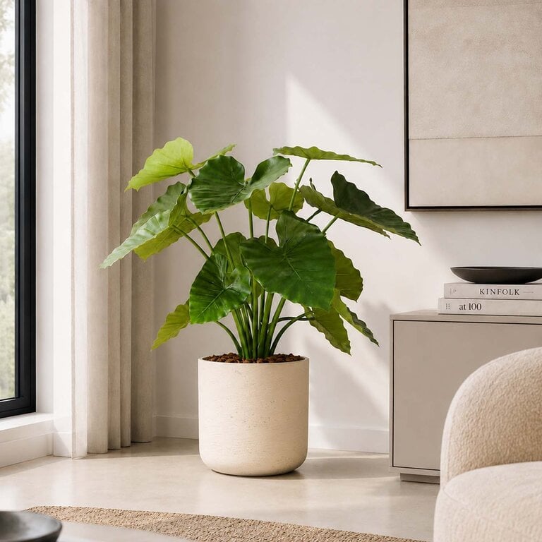 Kunstplant Alocasia Calidora met groene bladeren is een middelgrote kunstplant in binnenpot met een natuurgetrouwe uitstraling en een hoogte van 75 cm.