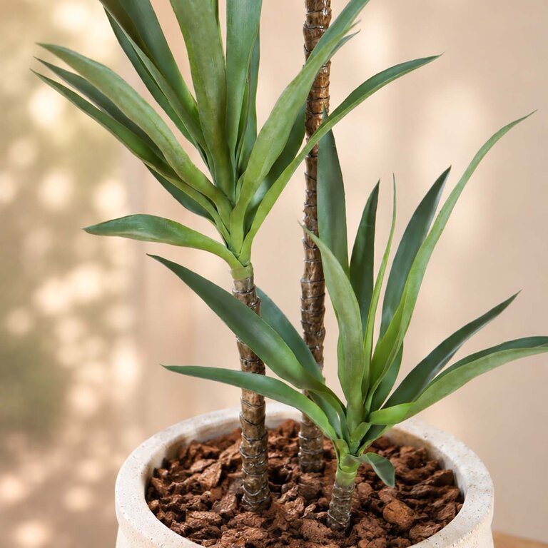 Kunstplant Yucca driestammig met groene bladeren is een grote kunstplant in binnenpot met een natuurgetrouwe uitstraling en een hoogte van 150 cm.