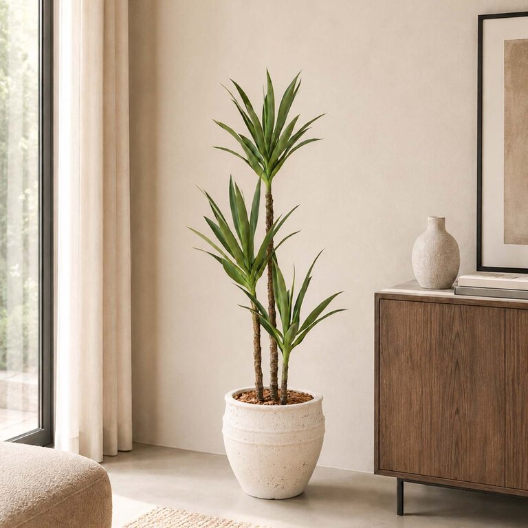 Kunstplant Yucca driestammig met groene bladeren is een grote kunstplant in binnenpot met een natuurgetrouwe uitstraling en een hoogte van 150 cm.