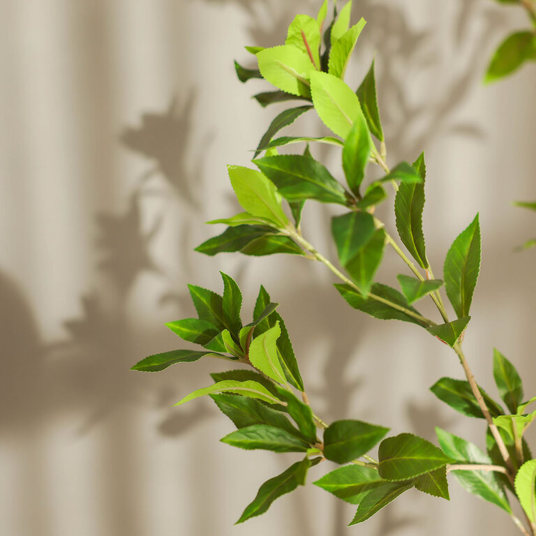 Kunstplant Theeplant met groene bladeren is een middelgrote kunstplant in binnenpot met een natuurgetrouwe uitstraling en een hoogte van 120 cm.
