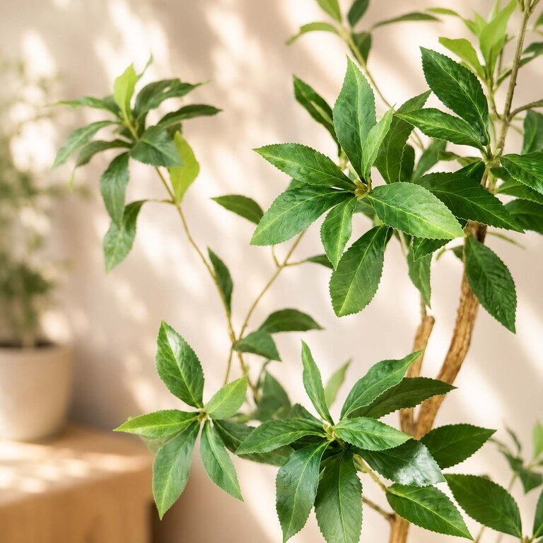 Kunstplant Theeplant met groene bladeren is een middelgrote kunstplant in binnenpot met een natuurgetrouwe uitstraling en een hoogte van 120 cm.