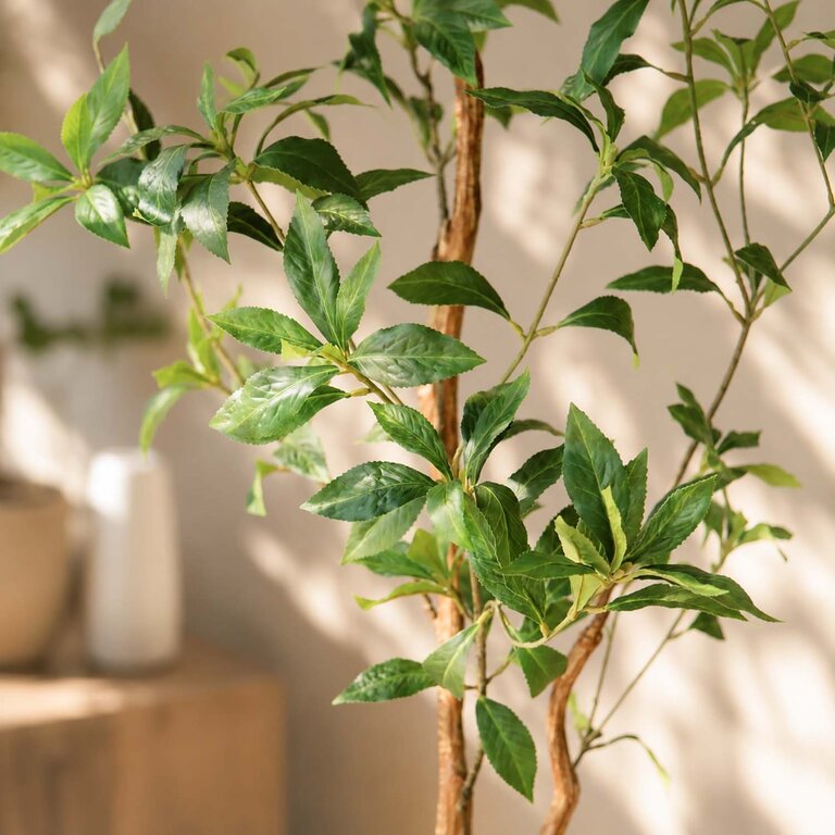 Kunstplant Theeplant met groene bladeren is een middelgrote kunstplant in binnenpot met een natuurgetrouwe uitstraling en een hoogte van 120 cm.