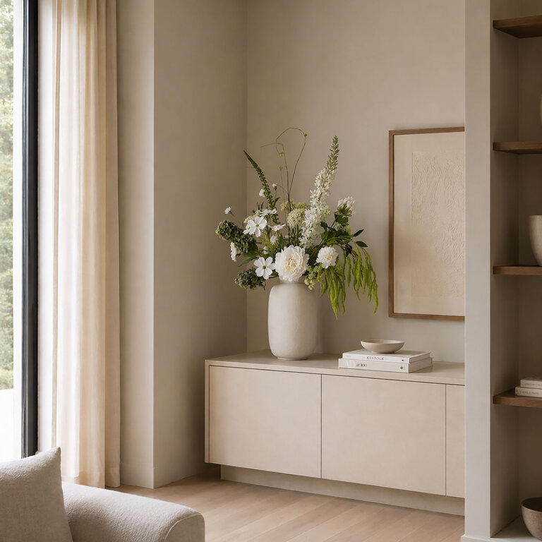 Zijden bloemen boeket Meadow Fay is en stijlvol en luchtig boeket van kunstbloemen in witte en groene tinten.