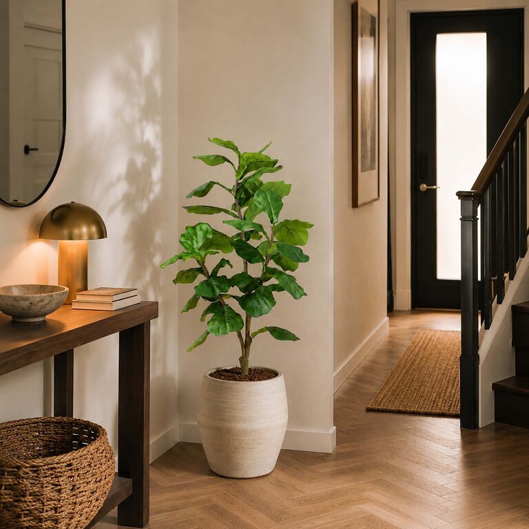 Kunstplant Ficus Lyrata met groene bladeren is een middelgrote kunstplant in binnenpot met een natuurgetrouwe uitstraling en een hoogte van 120 cm.