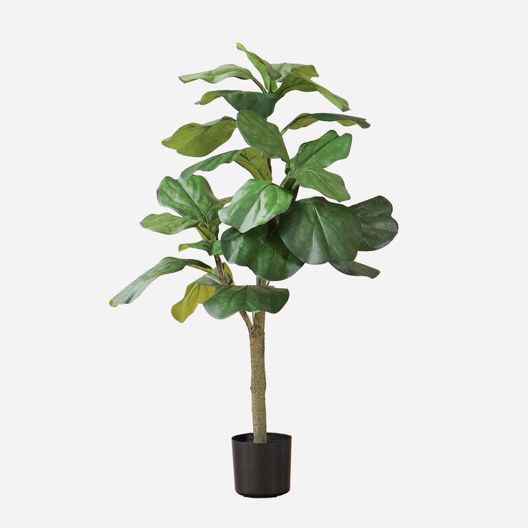 Kunstplant Ficus Lyrata met groene bladeren is een middelgrote kunstplant in binnenpot met een natuurgetrouwe uitstraling en een hoogte van 90 cm.