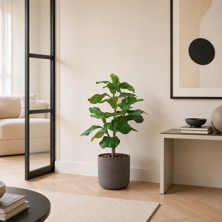 Kunstplant Ficus Lyrata met groene bladeren is een middelgrote kunstplant in binnenpot met een natuurgetrouwe uitstraling en een hoogte van 90 cm.