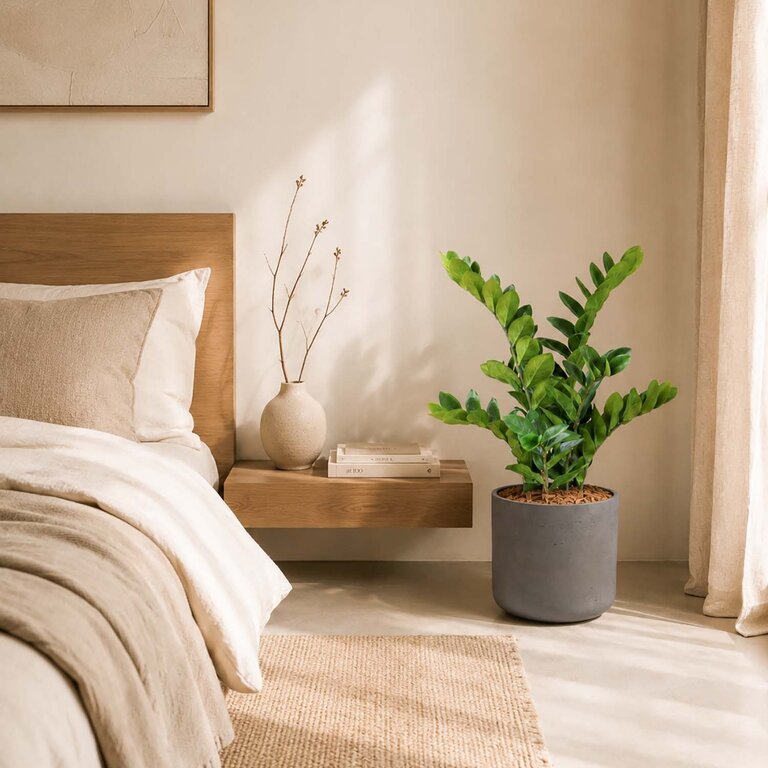 Kunstplant Zamioculcas met groene bladeren is een middelgrote kunstplant in binnenpot met een natuurgetrouwe uitstraling en een hoogte van 70 cm.