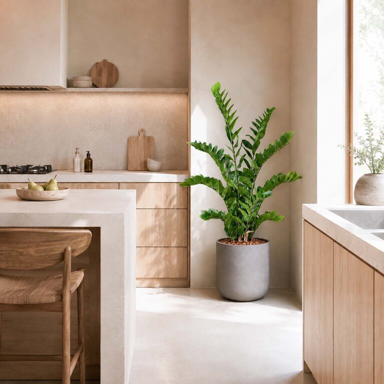 Kunstplant Zamioculcas met groene bladeren is een middelgrote kunstplant in binnenpot met een natuurgetrouwe uitstraling en een hoogte van 110 cm.