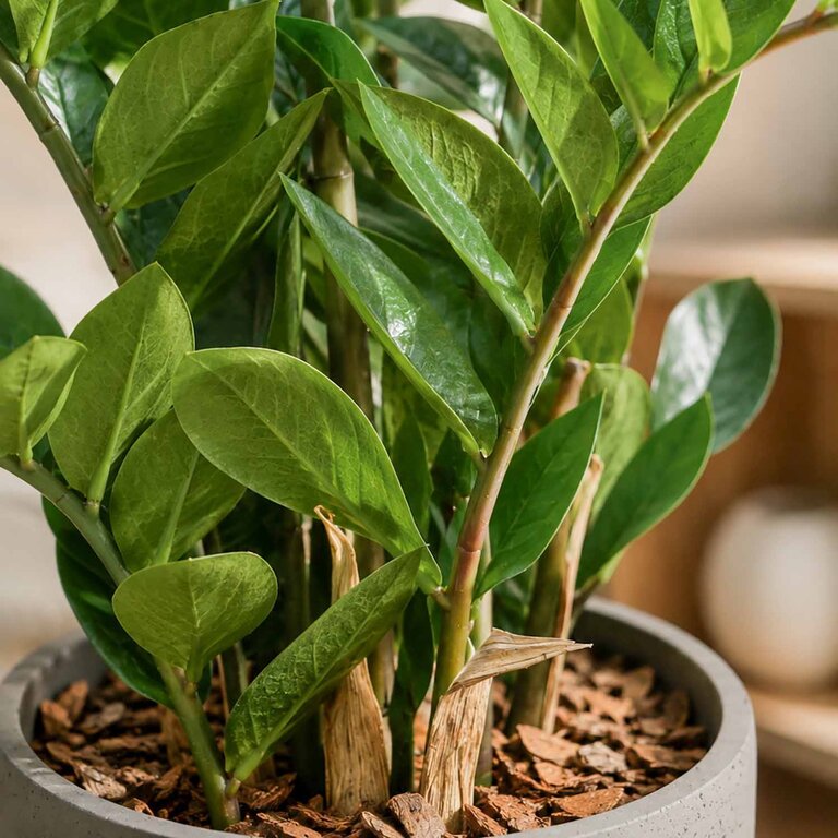 Kunstplant Zamioculcas met groene bladeren is een middelgrote kunstplant in binnenpot met een natuurgetrouwe uitstraling en een hoogte van 130 cm.