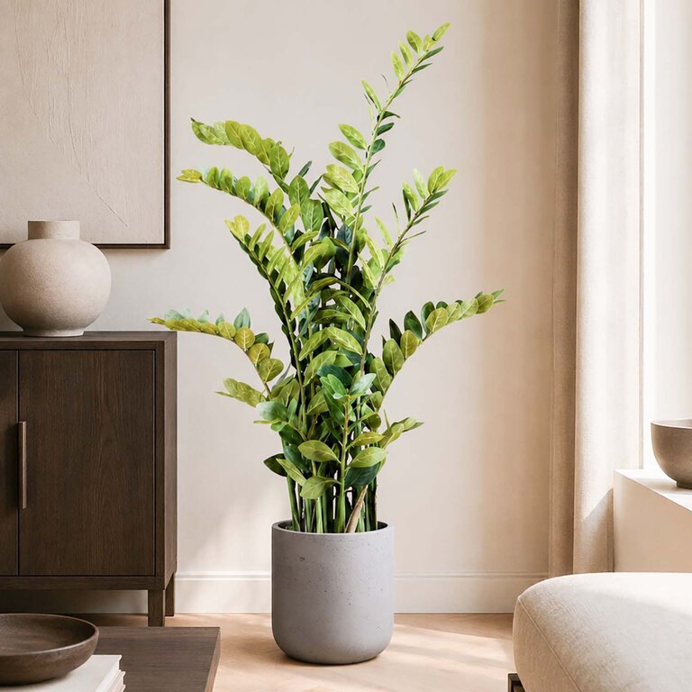 Kunstplant Zamioculcas met groene bladeren is een middelgrote kunstplant in binnenpot met een natuurgetrouwe uitstraling en een hoogte van 130 cm.