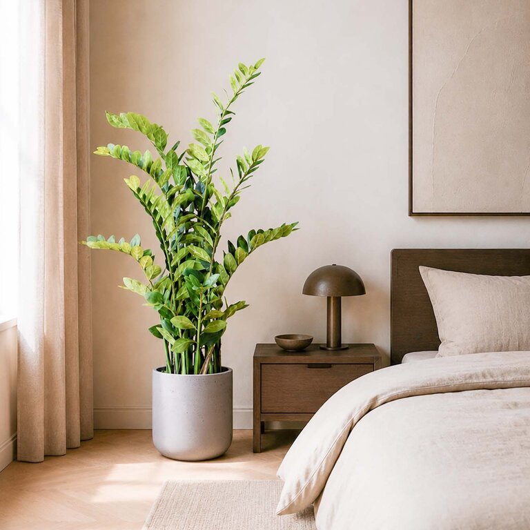 Kunstplant Zamioculcas met groene bladeren is een middelgrote kunstplant in binnenpot met een natuurgetrouwe uitstraling en een hoogte van 130 cm.