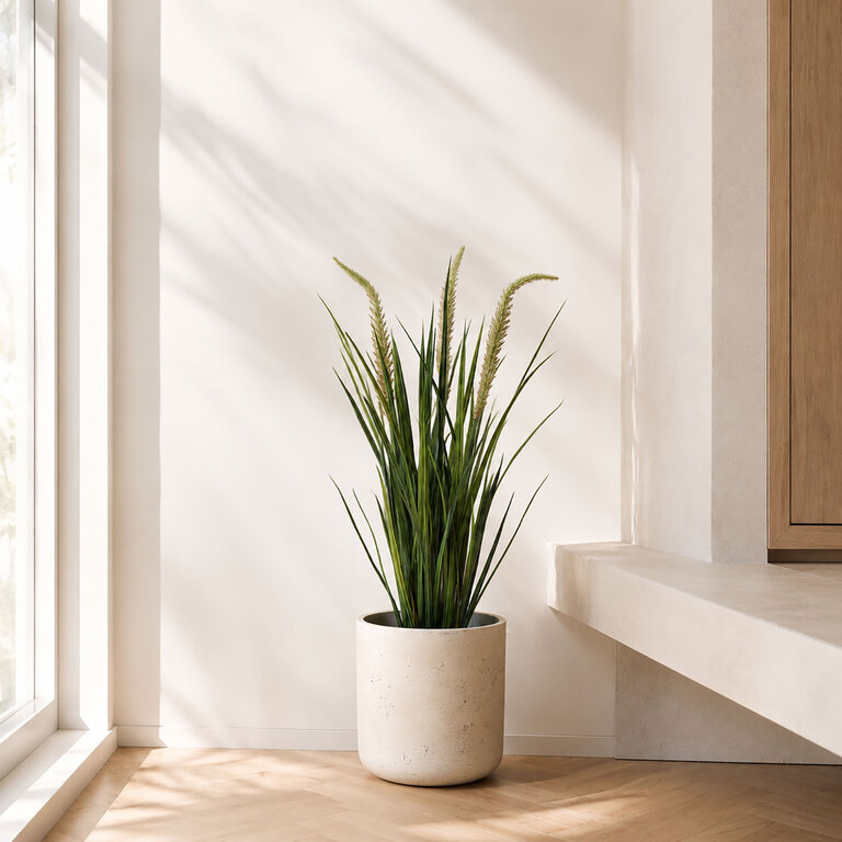 Kunstplant Foxtail gras is een kunstgras in binnenpot met een natuurgetrouwe uitstraling en een hoogte van 90 cm.