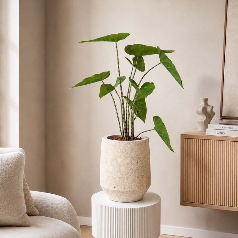 Kunstplant Alocasia Zebrina met groene bladeren is een middelgrote kunstplant in binnenpot met een natuurgetrouwe uitstraling en een hoogte van 75 cm.