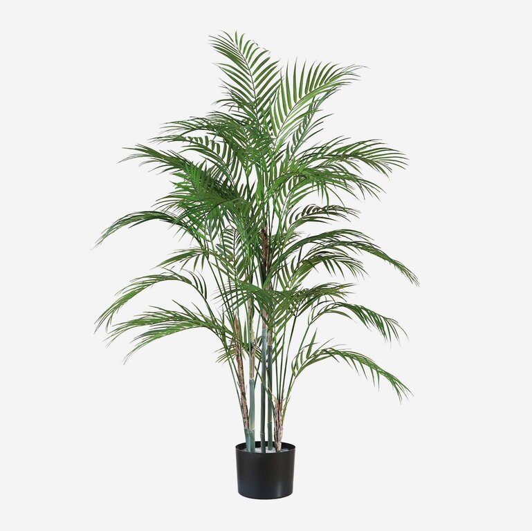 Kunstplant Chamaedorea Palm met groene bladeren is een middelgrote kunstplant in binnenpot met een natuurgetrouwe uitstraling en een hoogte van 120 cm.