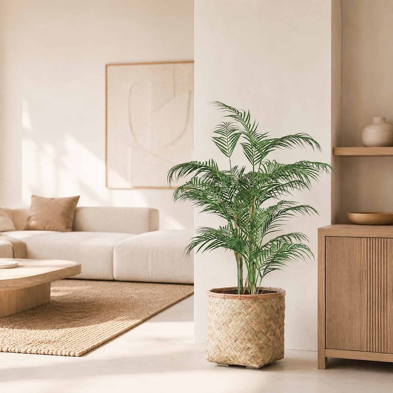 Kunstplant Chamaedorea Palm met groene bladeren is een middelgrote kunstplant in binnenpot met een natuurgetrouwe uitstraling en een hoogte van 120 cm.