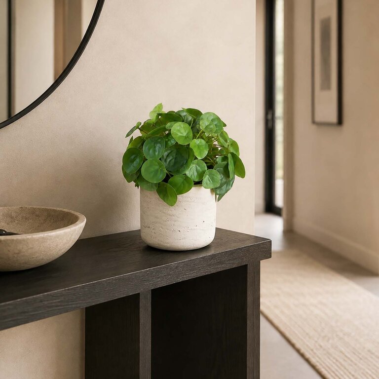 Kunstplant Mini Pilea met groene bladeren is een kleine kunstplant opgemaakt in pot Charlie in de kleur lichtgrijs met een natuurgetrouwe uitstraling en een hoogte van 20 cm.