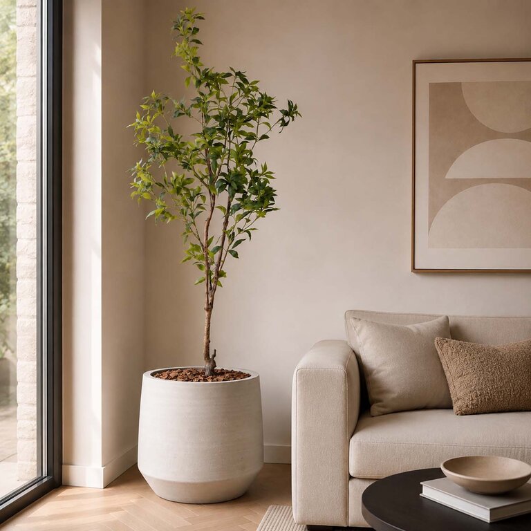 Kunstplant Theeplant met groene bladeren is een grote kunstplant in binnenpot met een natuurgetrouwe uitstraling en een hoogte van 185 cm.
