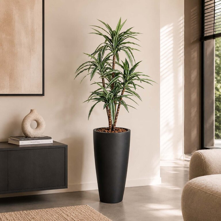 Kunstplant Dracaena met groene bladeren is een middelgrote kunstplant in binnenpot met een natuurgetrouwe uitstraling en een hoogte van 120 cm.